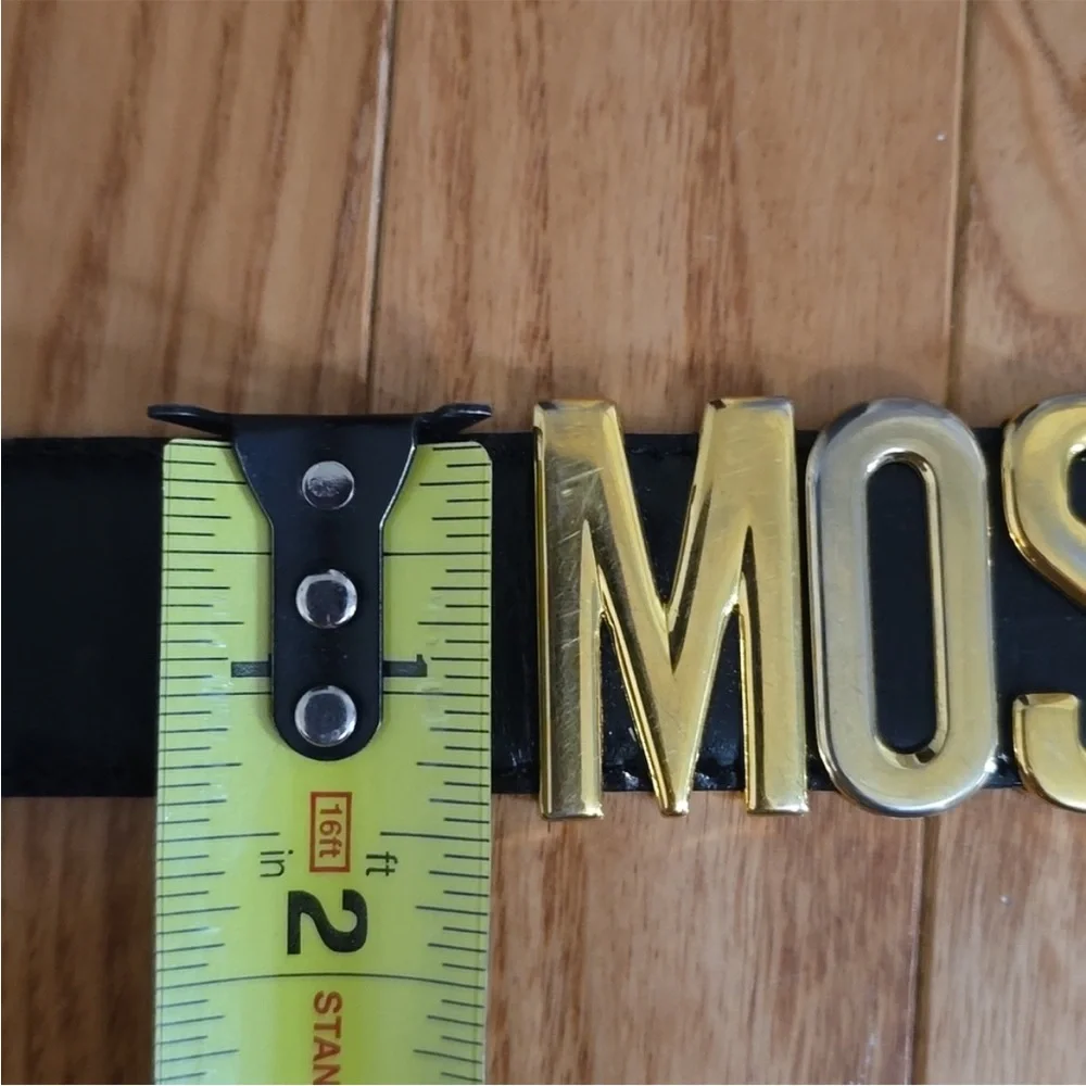 Moschino Black Leather Belt with Gold Logo Buckle